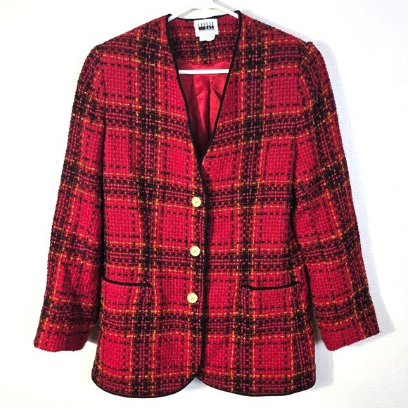 Vintage Leslie Fay Blazer Women's 8 Red Plaid Boucle Gold Button Classic Festive - Picture 1 of 11